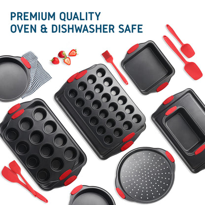 15 Pc Bakeware Set Nonstick Carbon Steel Oven Safe Silicone Handles Baking Kit