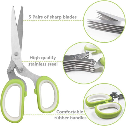 Herb Cutter Scissors, 5-Blade Stainless Steel with Safety Cover & Cleaning Comb