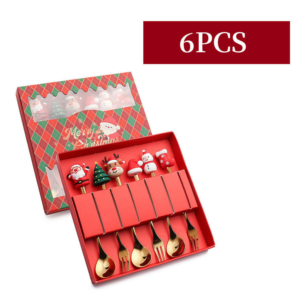 Christmas Themed Cutlery Set 6PCS Christmas Gift Glod Spoon Fork Set Elk Christmas Tree