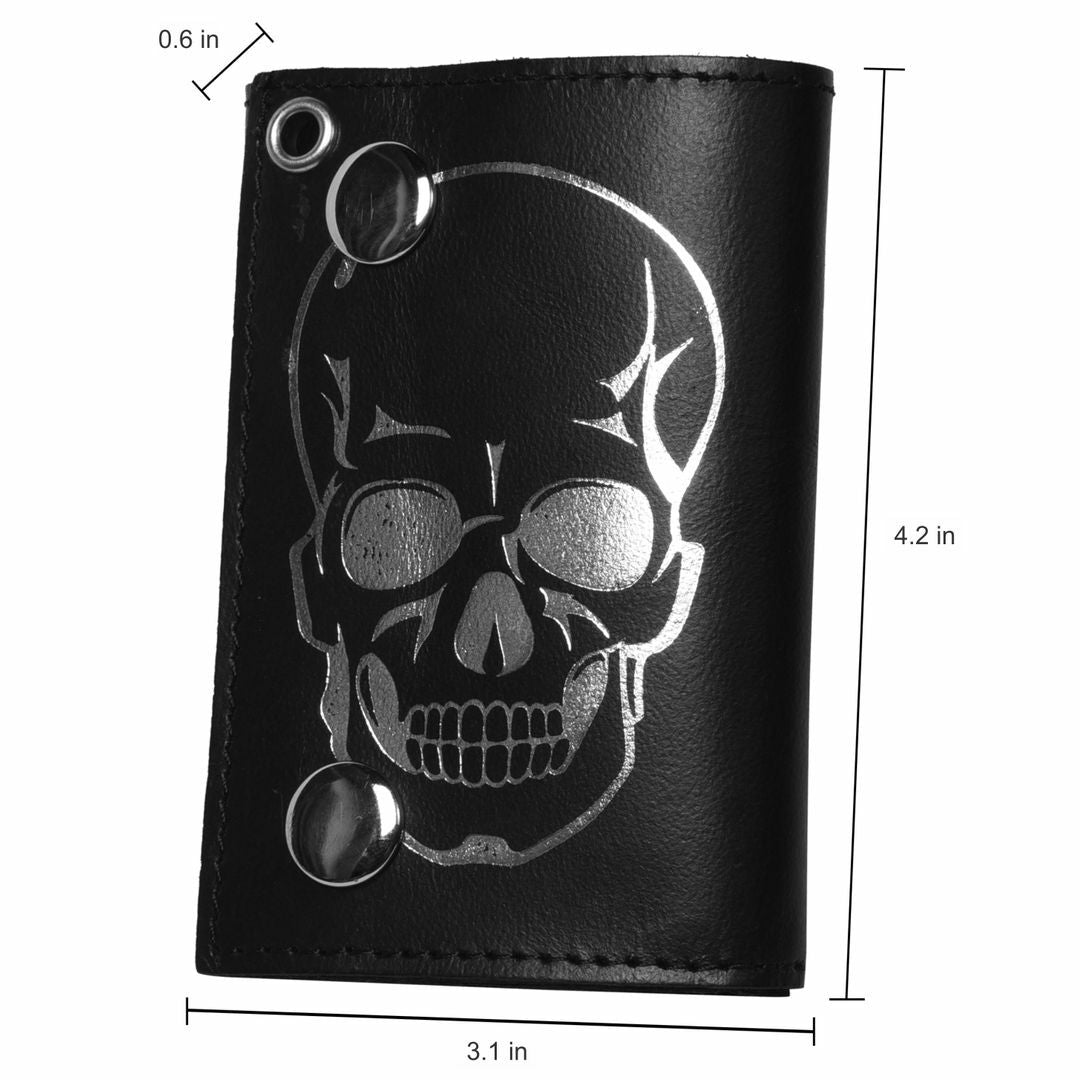 Leatherboss Genuine Leather Men Cool Skull Trifold Wallet Chain Biker, Black