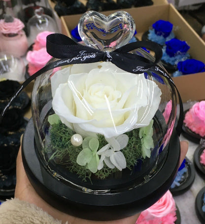 Eternal Flower Rose in Glass Dome with LED Light, Decorative Rose Valentine's Day, Anniversaries Birthdays Gift Romantic Ornaments Wooden Fruit Plants