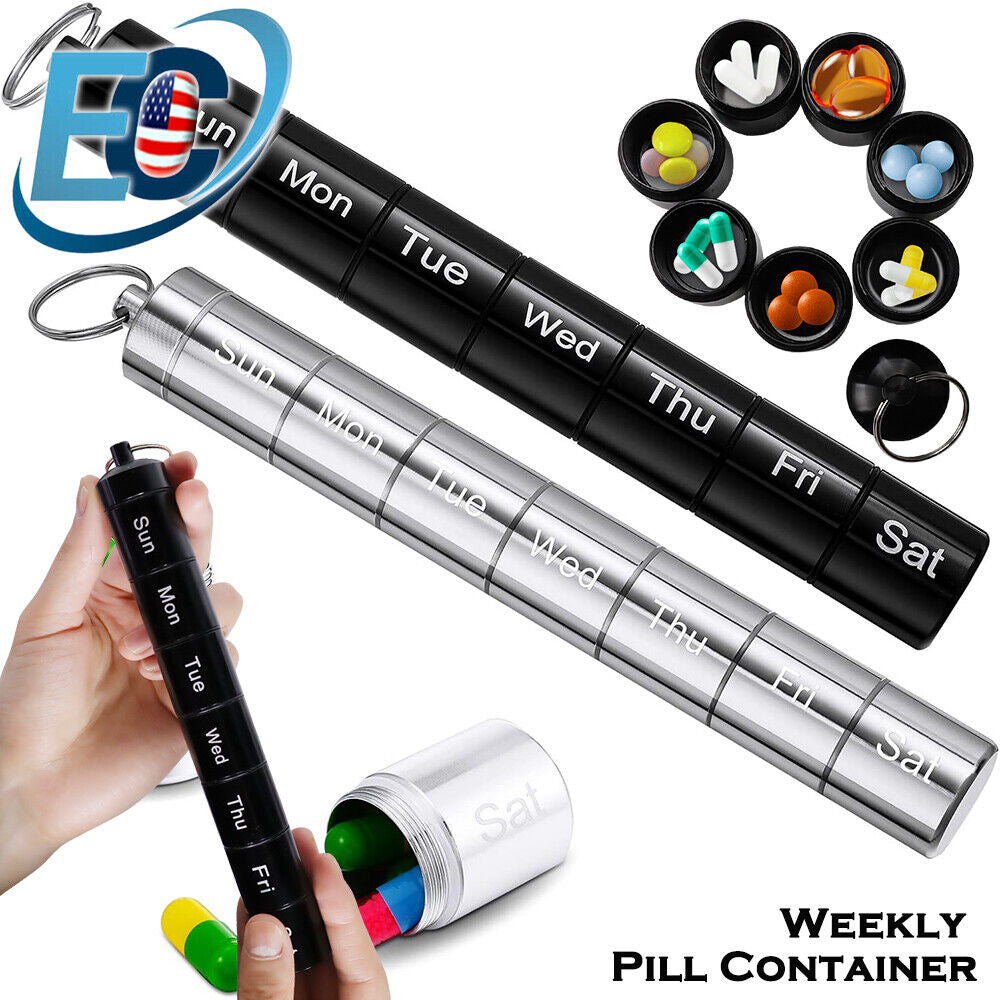 7 Day Weekly Pill Organizer – Large Capacity, Durable Medical Aluminum, Waterproof & Moisture-Proof, Travel-Friendly with Laser Carved Labels Easy Use