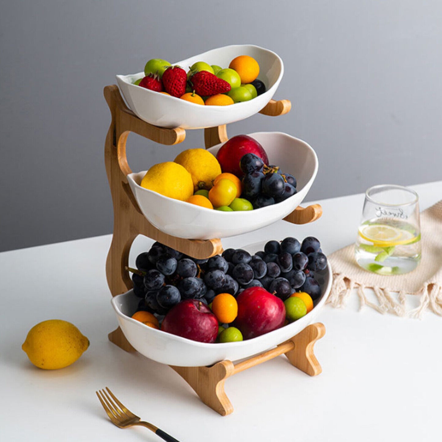 3-Tier Fruit Tray Storage Rack – Bamboo & Ceramic Stand for Snacks, Candy, Sushi – Elegant Display for Home, Parties, Weddings & More (White/Brown)