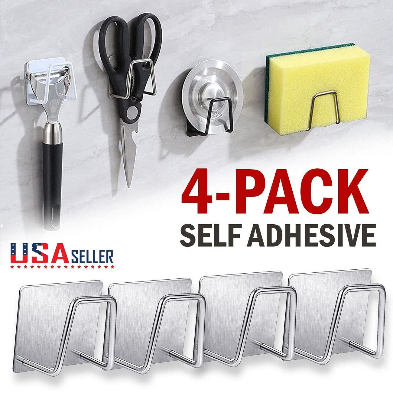 4Pcs Stainless Steel Adhesive Sponge Holder Sink Caddy for Kitchen Accessories