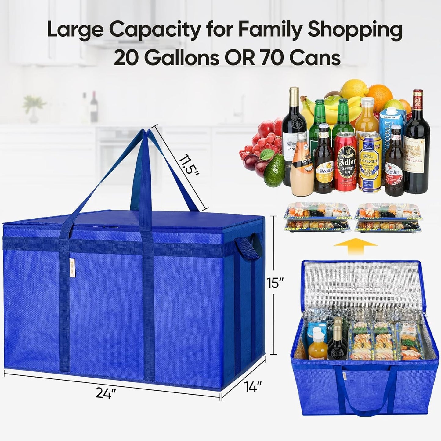 2Pk 3XL Insulated Reusable Grocery Bags, Collapsible Cooler Bag for Groceries