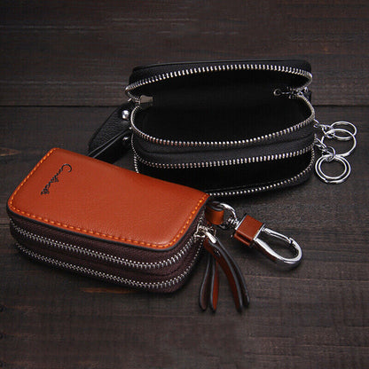 Keyholder Retro Casual Cowhide Leather Double Zipper Car Key Case Holder Wallet Key Bag