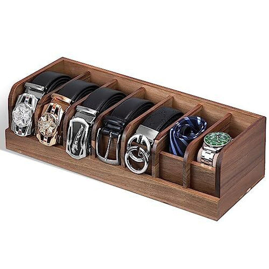 Belt Box, Acacia Wood Belt Organizer -7 Compartment Belt Holder Hanger for Closet, Drawer, Belt Rack & Storage Eco-Friendly Gift Wooden Container Room