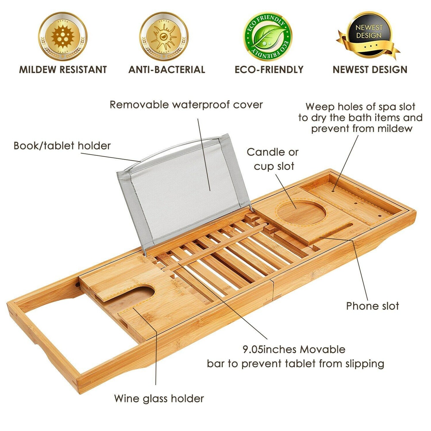 Bathtub Tray Caddy, Luxury Bamboo Bath Table – Expandable Solid Wood Holder for Wine, Books & Spa Essentials Wooden Gift 