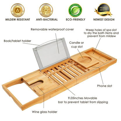 Bathtub Tray Caddy, Luxury Bamboo Bath Table – Expandable Solid Wood Holder for Wine, Books & Spa Essentials Wooden Gift 
