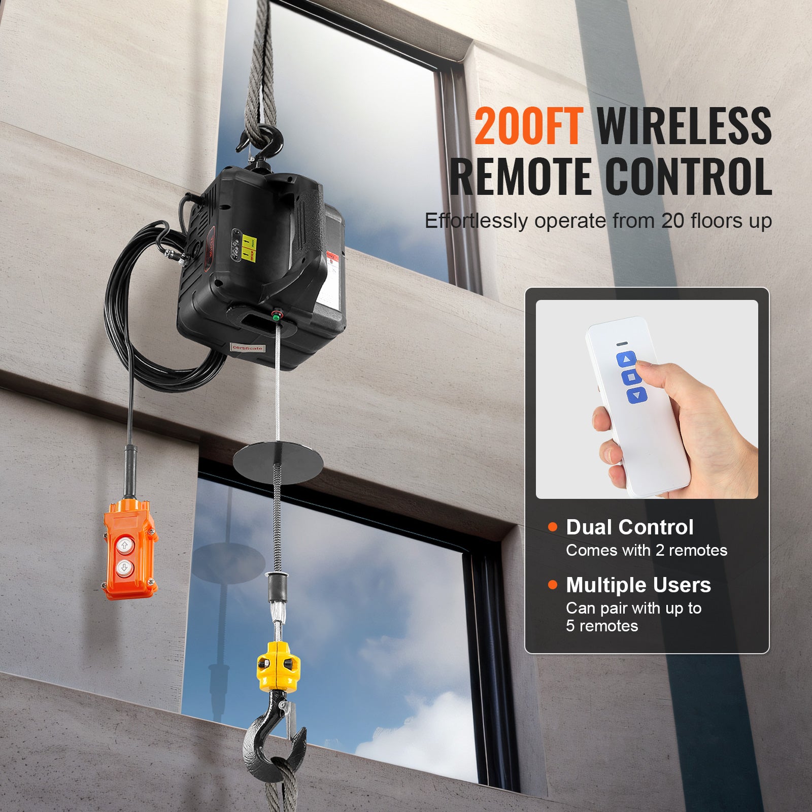 Portable Electric Hoist Winch Crane 1500W - 1100 lbs Capacity, 200ft Wireless & 19ft Wired Remote, Aerospace-Grade Steel Cable, High-Speed Lifting