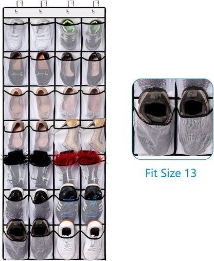 Over the Door Shoe Organizer - 28 Large Pockets for 14 Pairs of Shoes, Space-Saving Hanging Storage for Closet, Bedroom, Fits Most Doors with Hooks