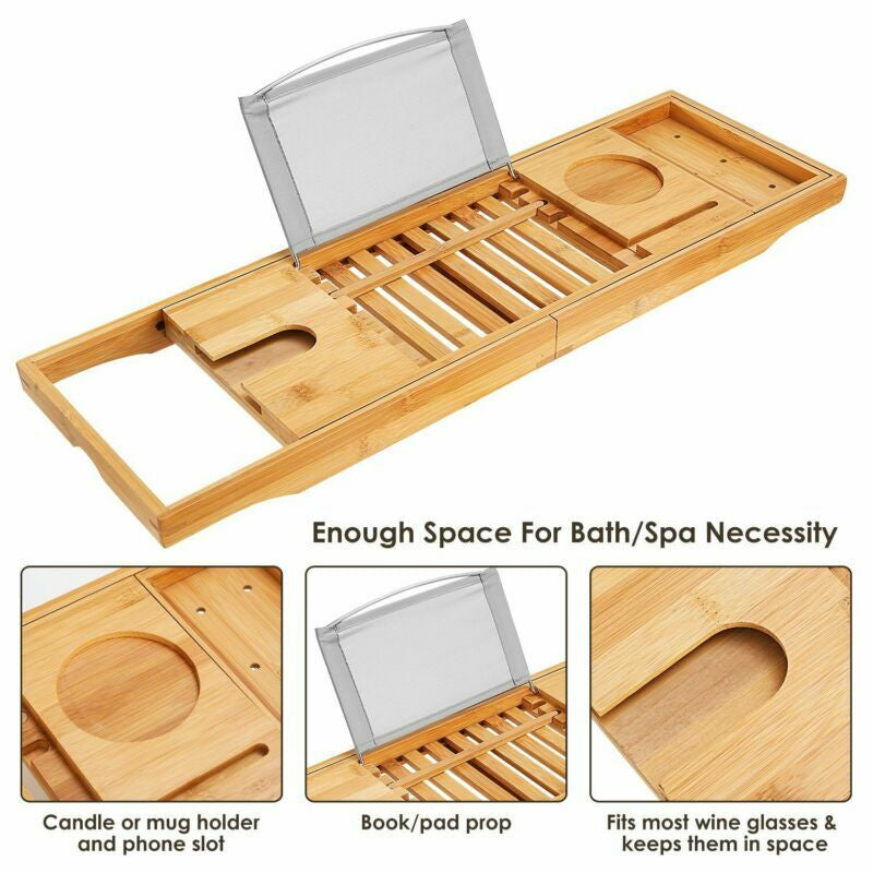 Bathtub Tray Caddy, Luxury Bamboo Bath Table – Expandable Solid Wood Holder for Wine, Books & Spa Essentials Wooden Gift 