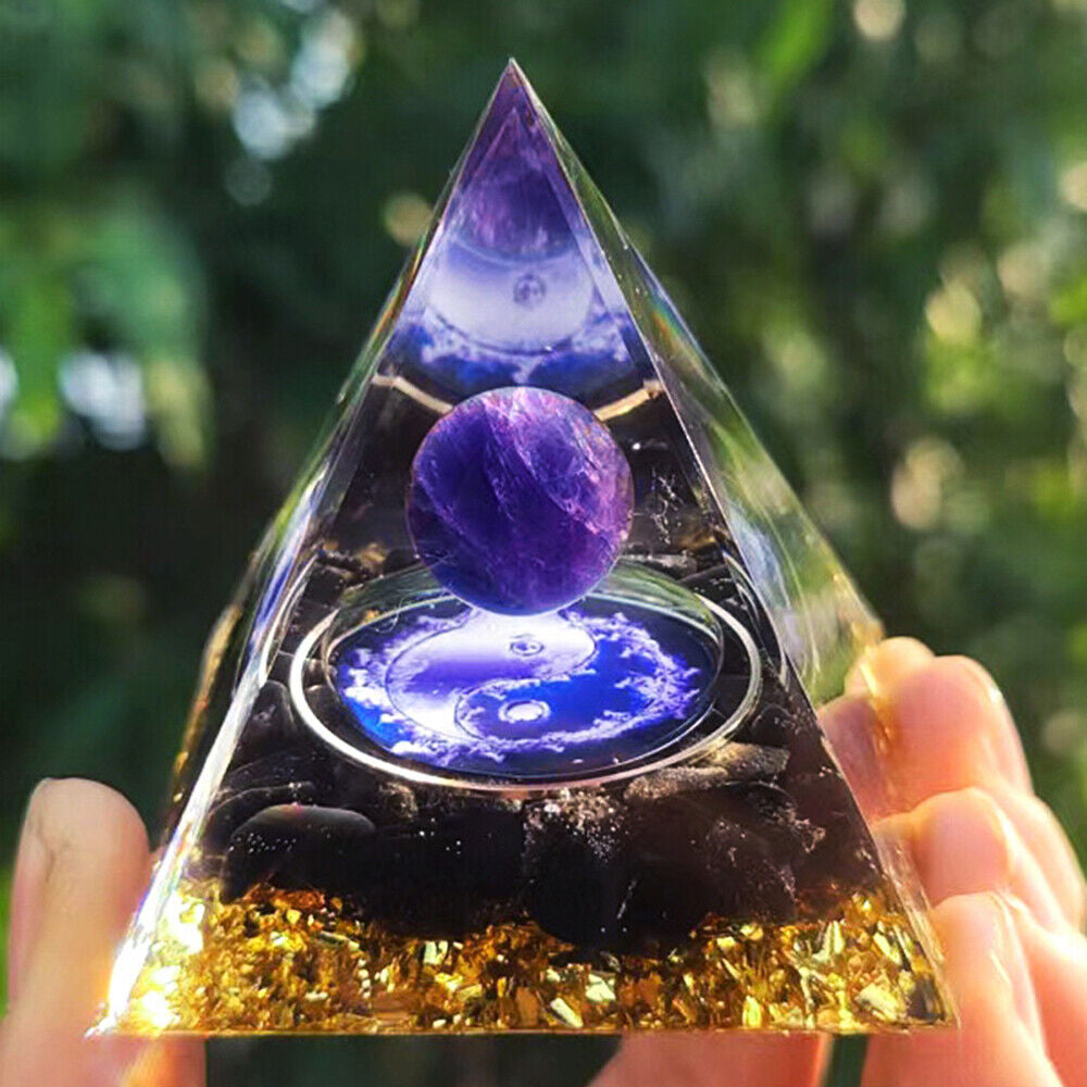 EMF Protection Orgonite Pyramid - Amethyst & Peridot Healing Crystal, Energy Orgone, Spiritual Decor, Positive Vibes, Stress Relief Home & Office Gift