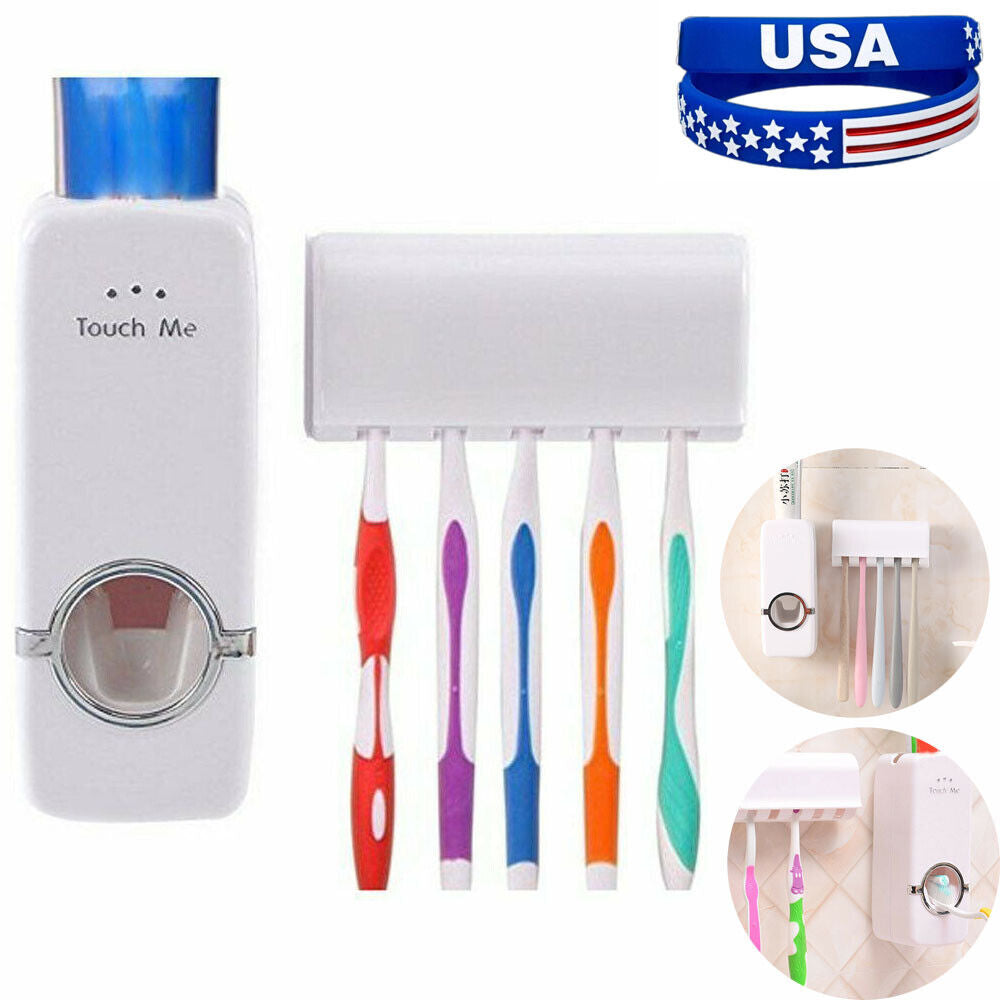 Toothpaste Dispenser + 5 Toothbrush Holder Set Wall Mount Stand US Fast Shipping