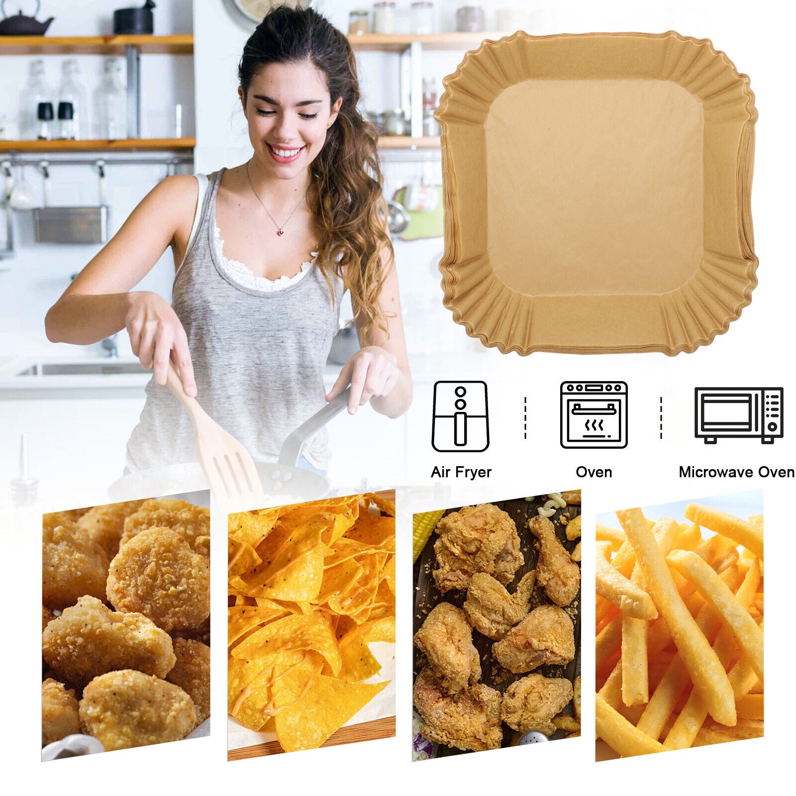 100Pcs Air Fryer Liner Disposable Paper Non-Stick for Food Oven Baking Microwave
