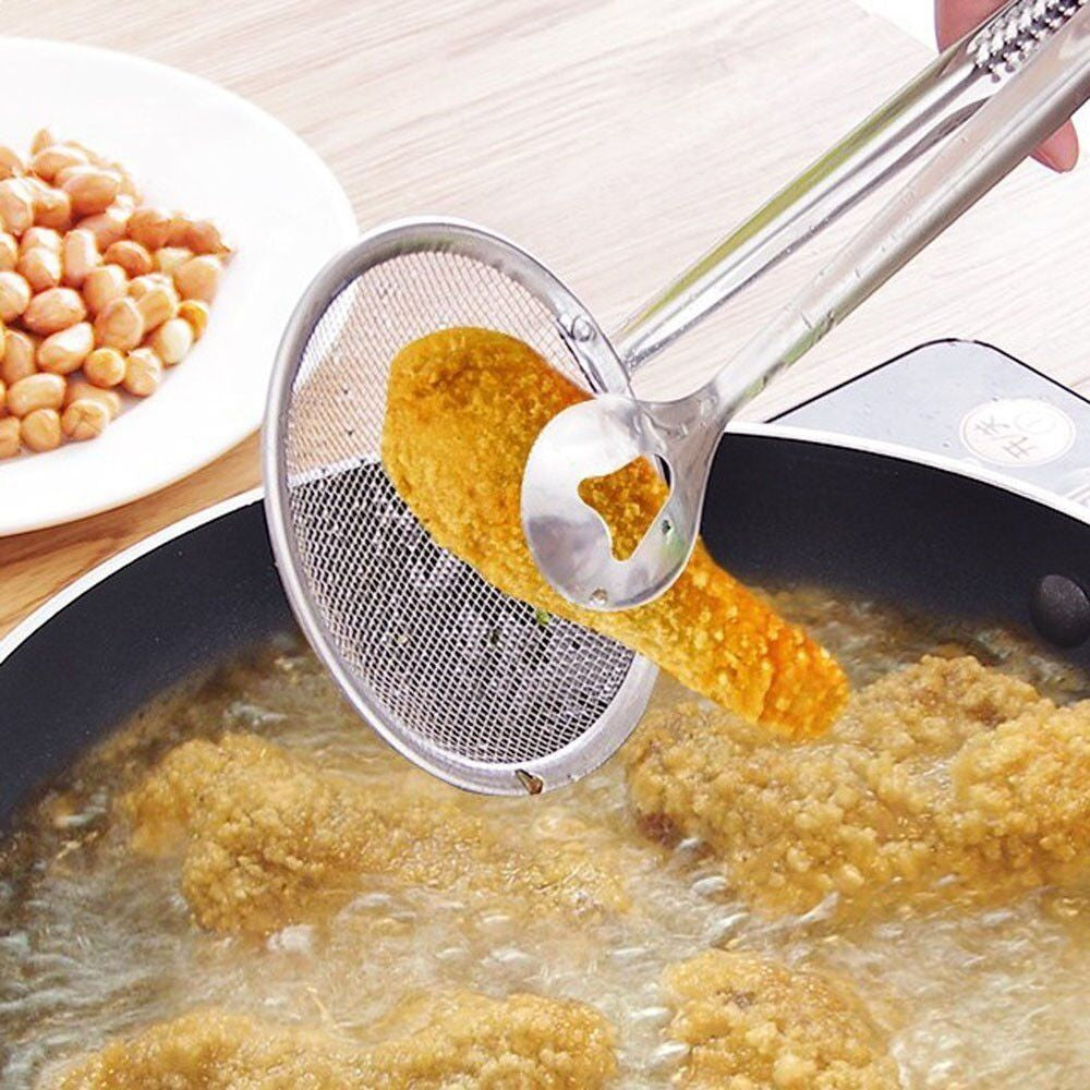 Stainless Steel Filter Clip - Oil Drain Tongs for Fried Food, BBQ, Salad & Cooking | One-Sided Filter, Hollow Design, Multi-Purpose Kitchen Tool 