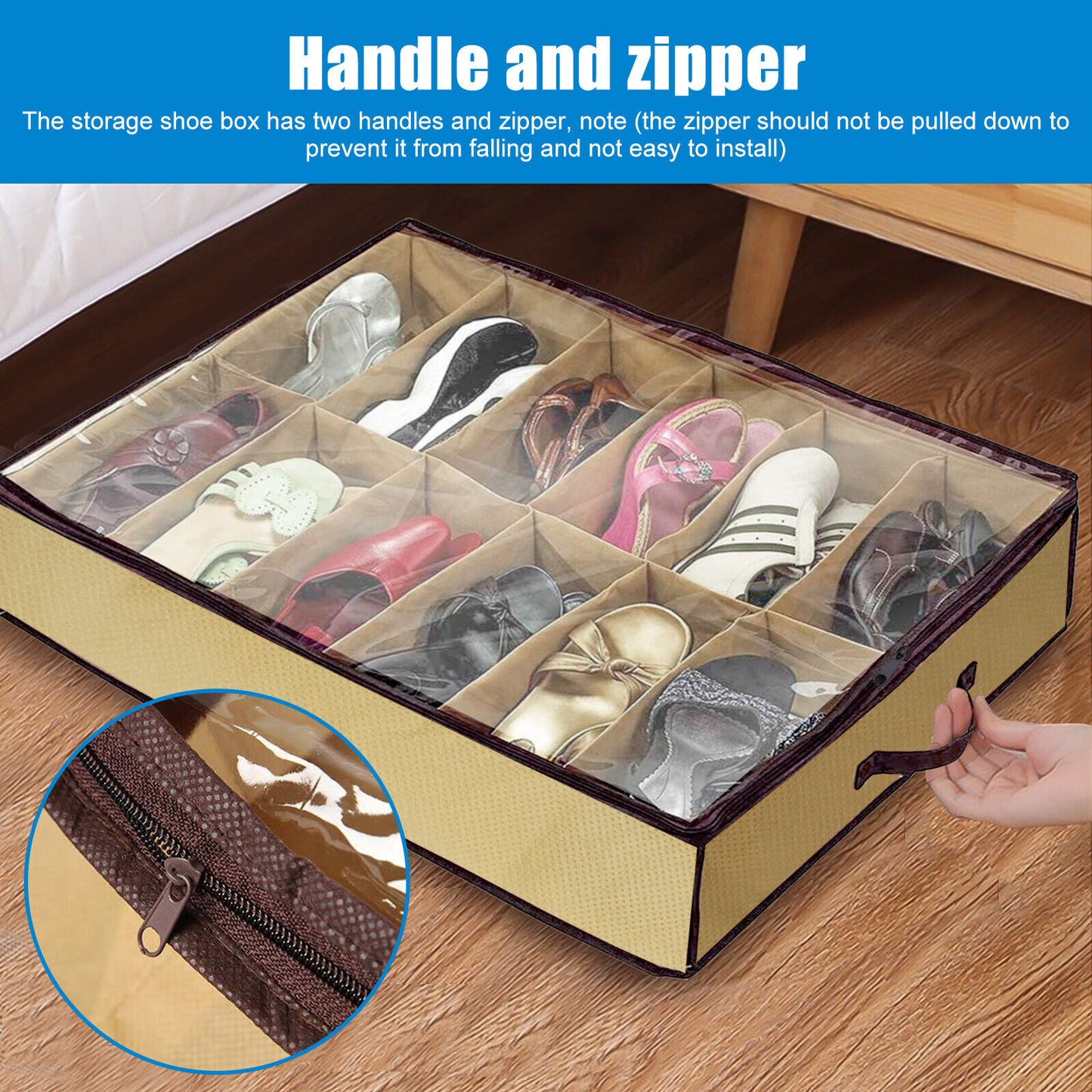 Organizer Storage Shoe Organizer Under Bed Storage with Clear Cover Holds 24 Pairs Dustproof Space Saving Box with Handles