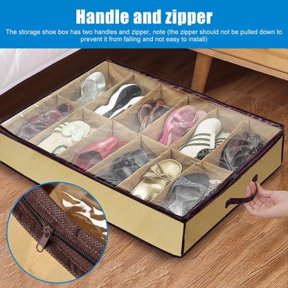Shoe Organizer Set of 2 – Under Bed Storage Box with Zipper Cover, Holds 24 Pairs | Space-Saving Wardrobe Storage Solution, TikTok Closet Must-Have