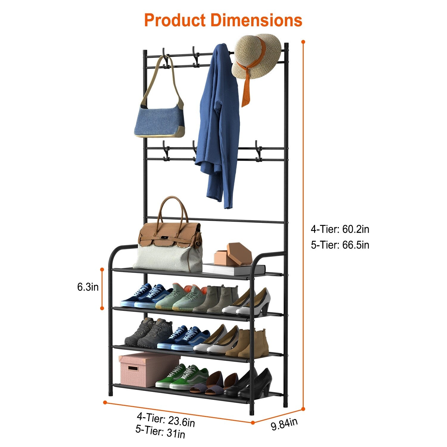 Coat and Shoe Rack for Entryway Organizer Metal Coat Hat Rack W/ 4 Tier Shelves