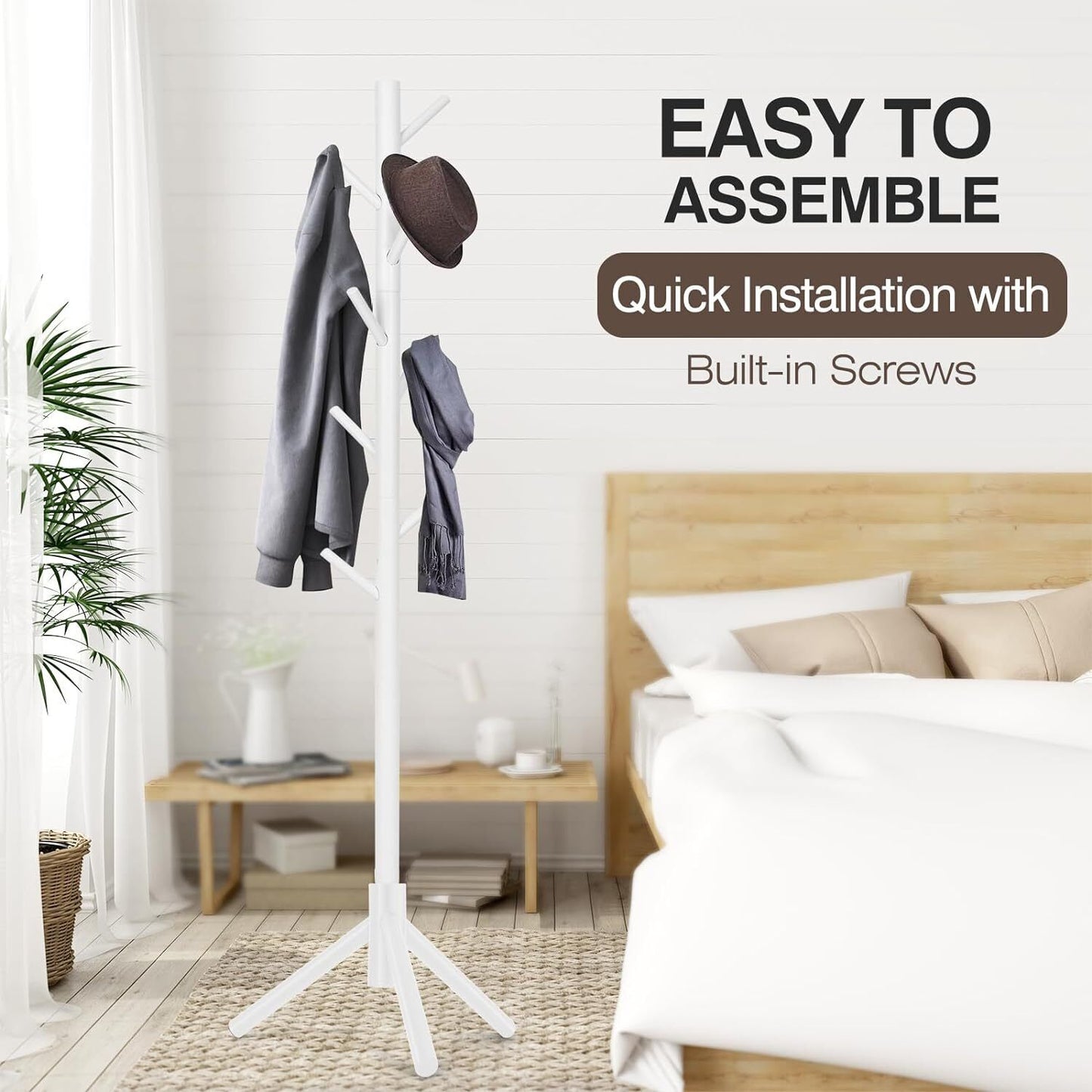 Modern Multifunctional Coat Hanger, Wooden Coat Rack Stand with Adjustable Height, 8 Hooks for Hats & Scarves - Space-Saving Entryway Organizer Sturdy