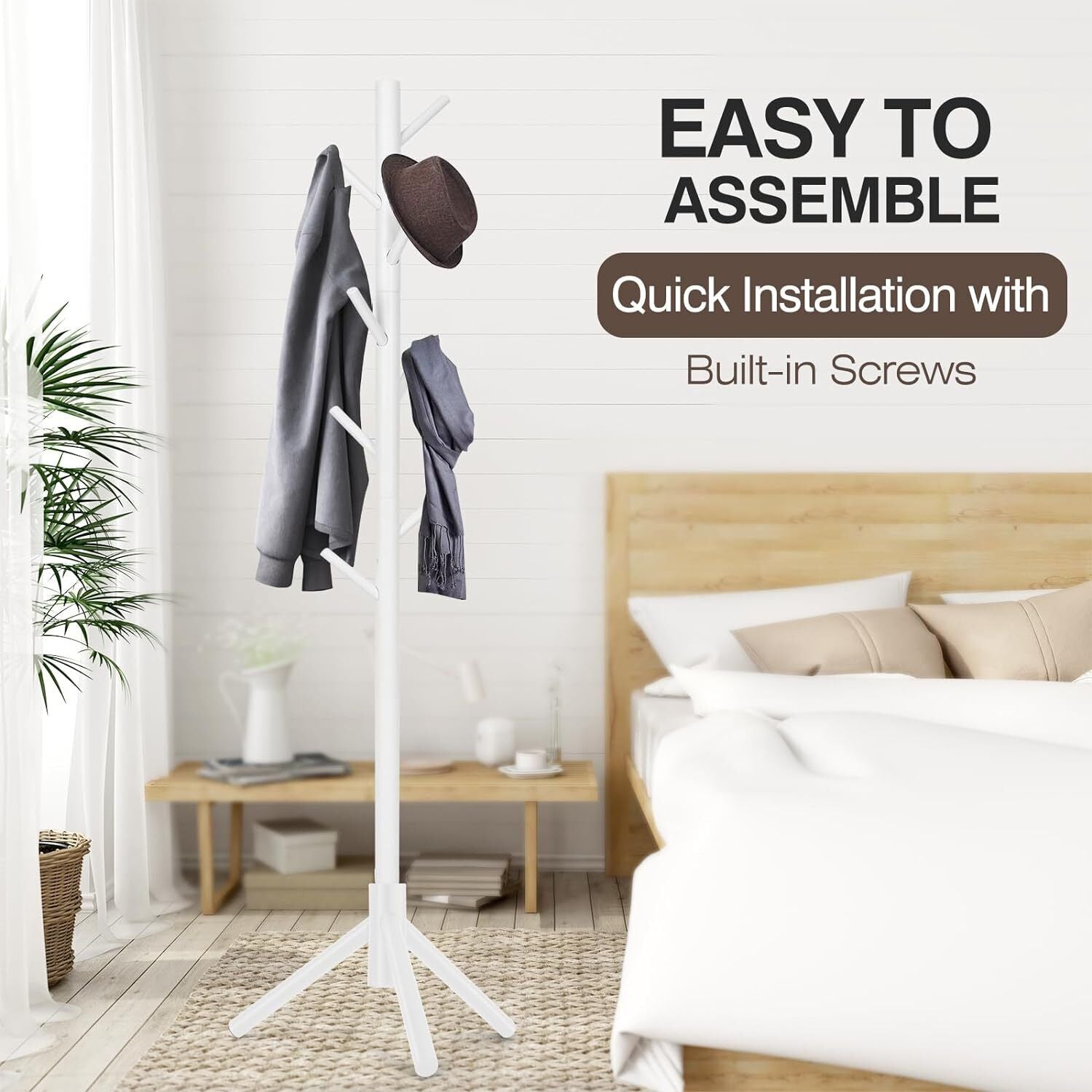 Modern Multifunctional Coat Hanger, Wooden Coat Rack Stand with Adjustable Height, 8 Hooks for Hats & Scarves - Space-Saving Entryway Organizer Sturdy