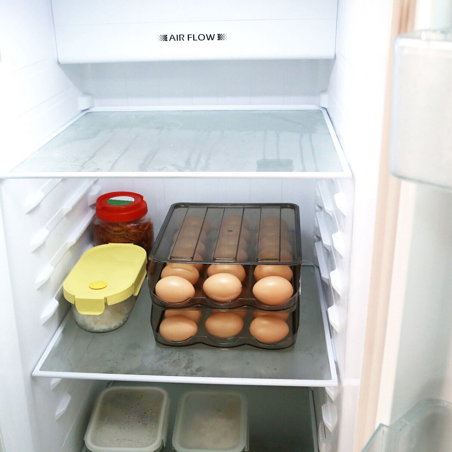 2-Layer Automatic Rolling Egg Holder Storage Box for Fridge Egg Container Tray