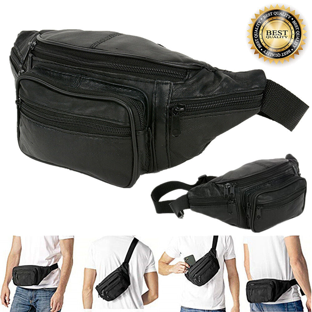 Fanny Pack Black Genuine Leather Waist Bag Travel Purse Hip Belt Carry on Pouch
