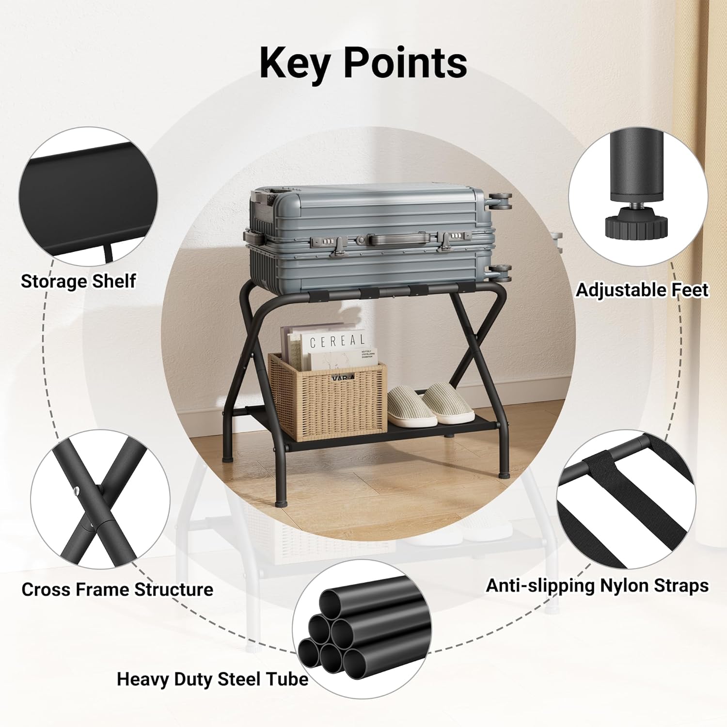 david yurman luggage rack Travel Essential Folding Luggage Rack – Sturdy, Easy Assembly, Adjustable Legs, Extra Shelf