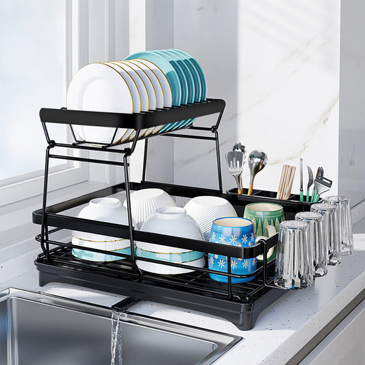 Dish Drying Rack 2-Tier Kitchen Organizer | Space-Saving Drying Rack w/ Drainboard, Rotatable Drain Tray, Utensil Holder, Rustproof & Easy Install