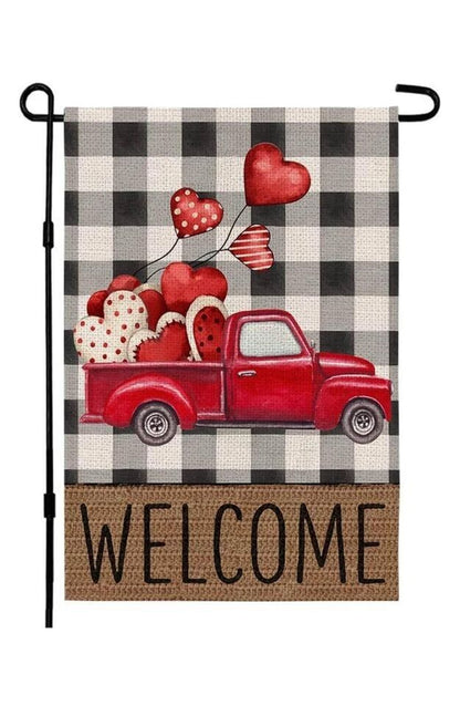 Valentine’s Day Garden Flag, Double-Sided Burlap Flag with Love Heart & Red Truck | Durable 12x18 Inch Yard Decor for Lawn, Porch & Patio