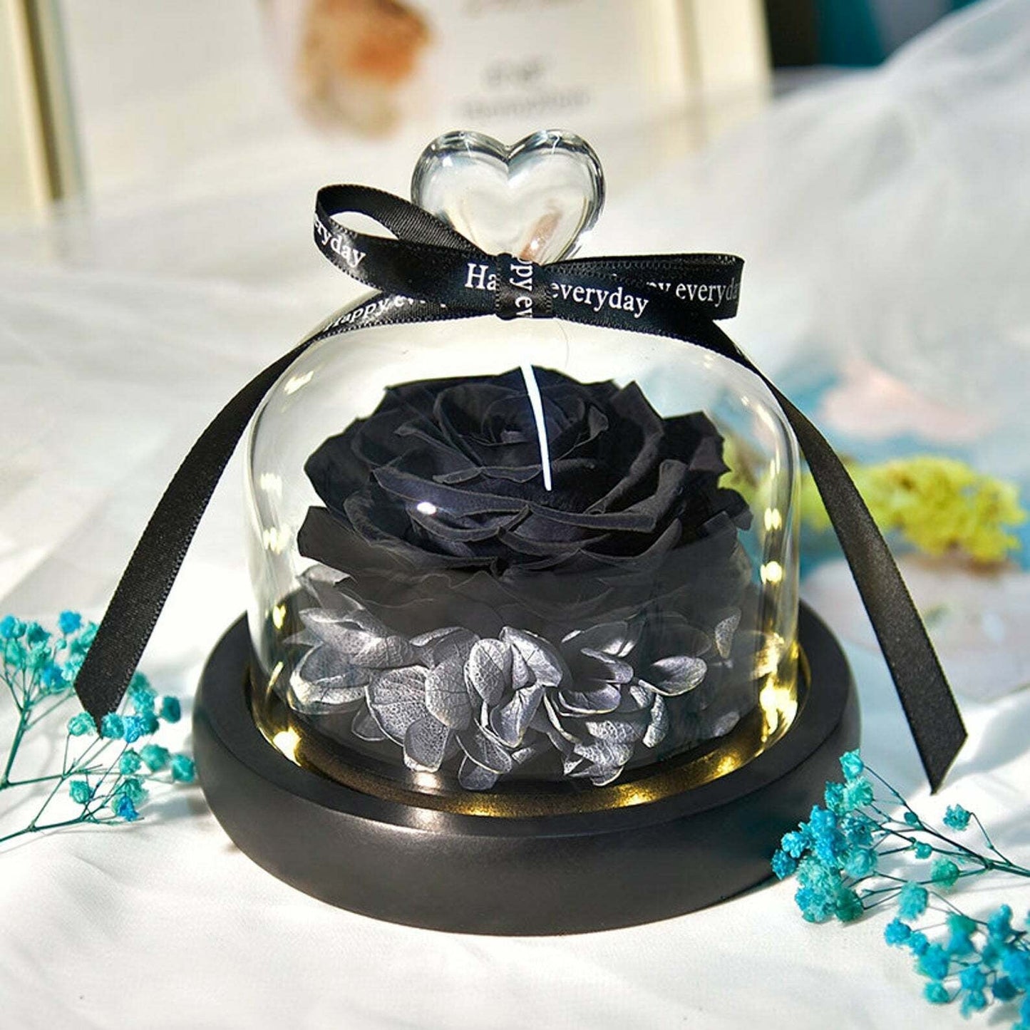 Eternal Flower Rose in Glass Dome with LED Light, Decorative Rose Valentine's Day, Anniversaries Birthdays Gift Romantic Ornaments Wooden Fruit Plants