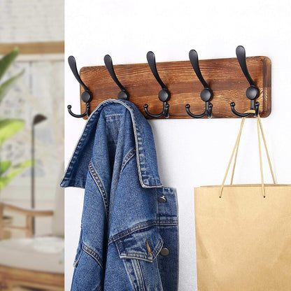 Brown Coat Rack Wall Mount Hat Rack 5 Hooks Pine Wood Plank for Clothes Hats Key