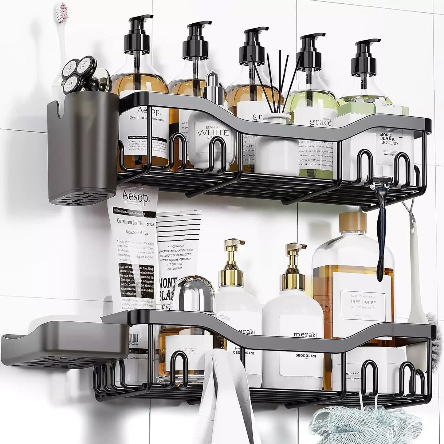 Rustproof Ultra-Size Shower Caddy Set with 16 Hooks – Adhesive Bathroom Organizer for Shower, No-Drill Storage Shelves with Toothbrush & Soap Holder