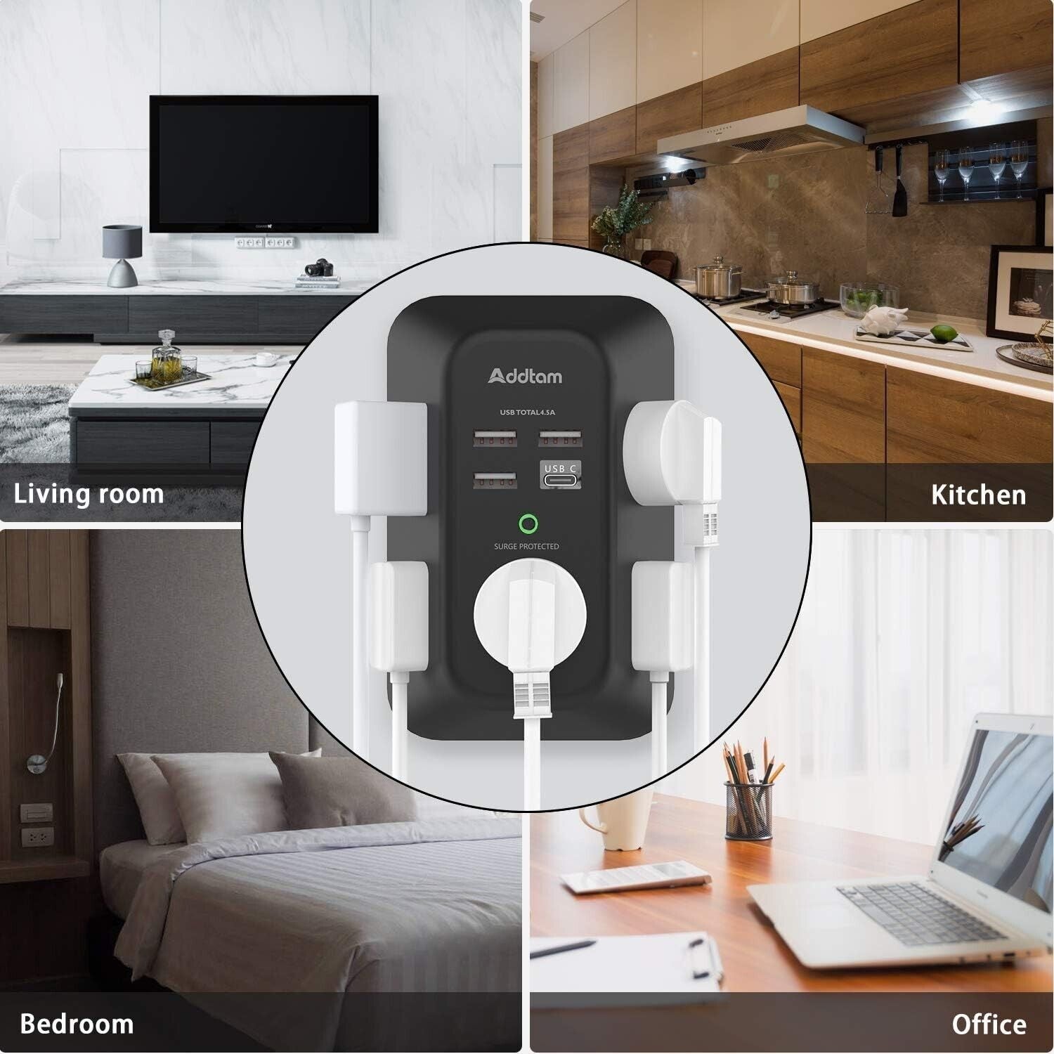 USB Wall Charger Surge Protector - 5 Outlet Extender with 4 USB Charging Ports