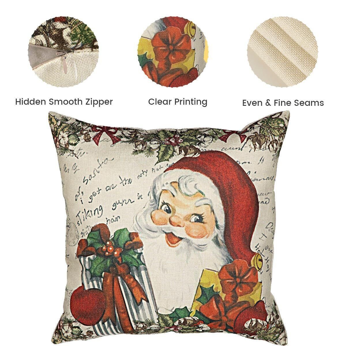 Vintage Christmas Santa Pillow Case Set Santa Reindeer Wreath Pillow Covers 4PCS 18X18''