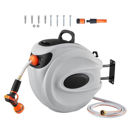 Retractable Garden Hose Reel 84ft – Auto Rewind, Wall-Mount, 180° Swivel, 9-Pattern Nozzle, Heavy-Duty PVC, Lock at Any Length, for Lawn, Car & Pet 