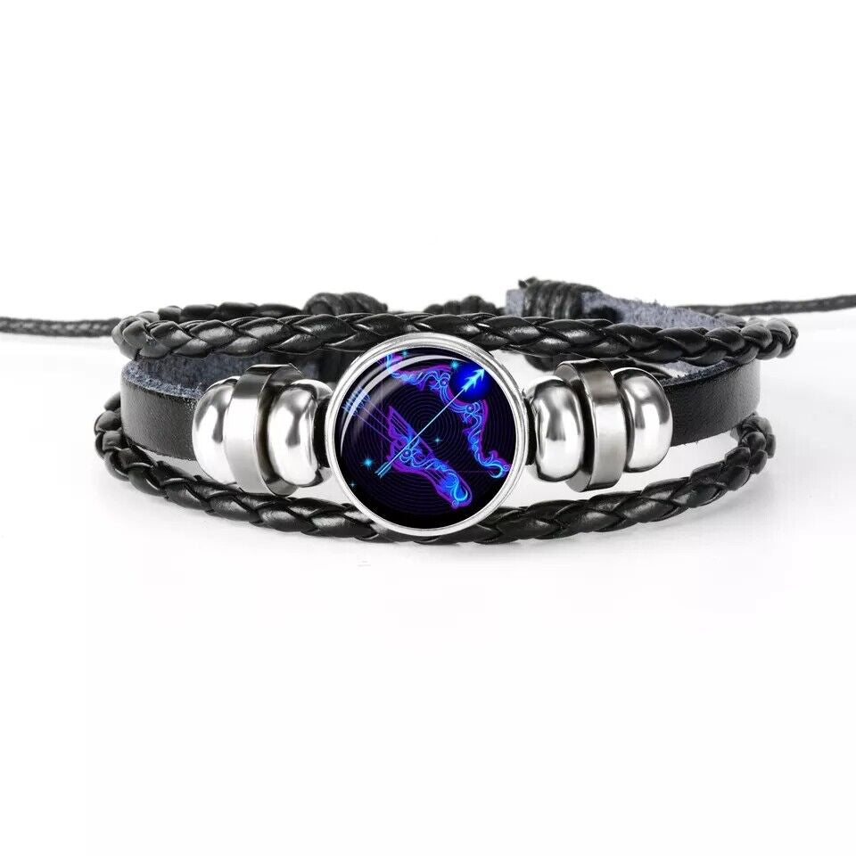 Leather Bracelet Bangle for Men Woman with Signs of the Zodiac Astrology Luminou