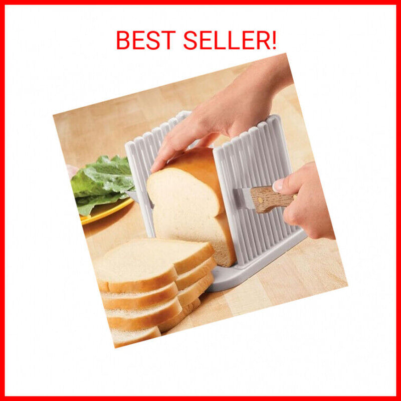 bread slicer, Adjustable Cutting Guide –Foldable Toast Slicer with Crumb Tray Knife Holder Perfect for Homemade Bread Plastic Utensils Kitchen Storage