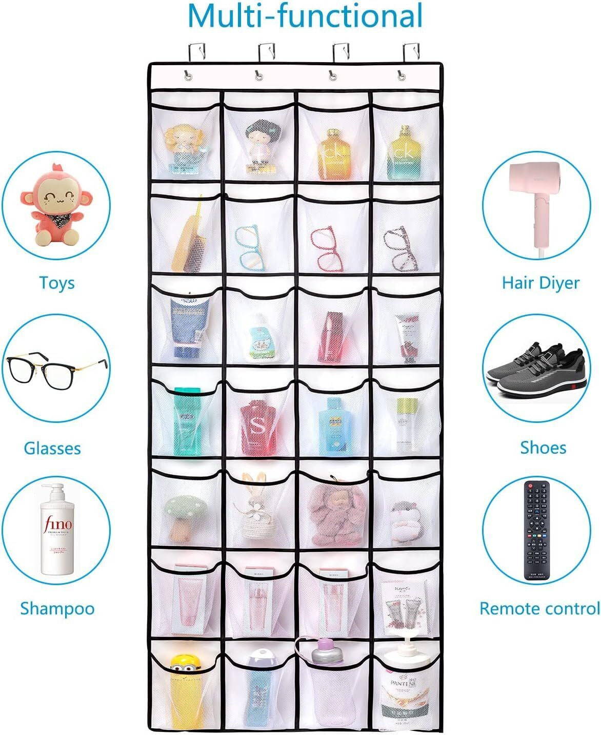 Over the Door Shoe Organizer - 28 Large Pockets for 14 Pairs of Shoes, Space-Saving Hanging Storage for Closet, Bedroom, Fits Most Doors with Hooks