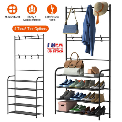 Coat and Shoe Rack for Entryway Organizer Metal Coat Hat Rack W/ 4 Tier Shelves