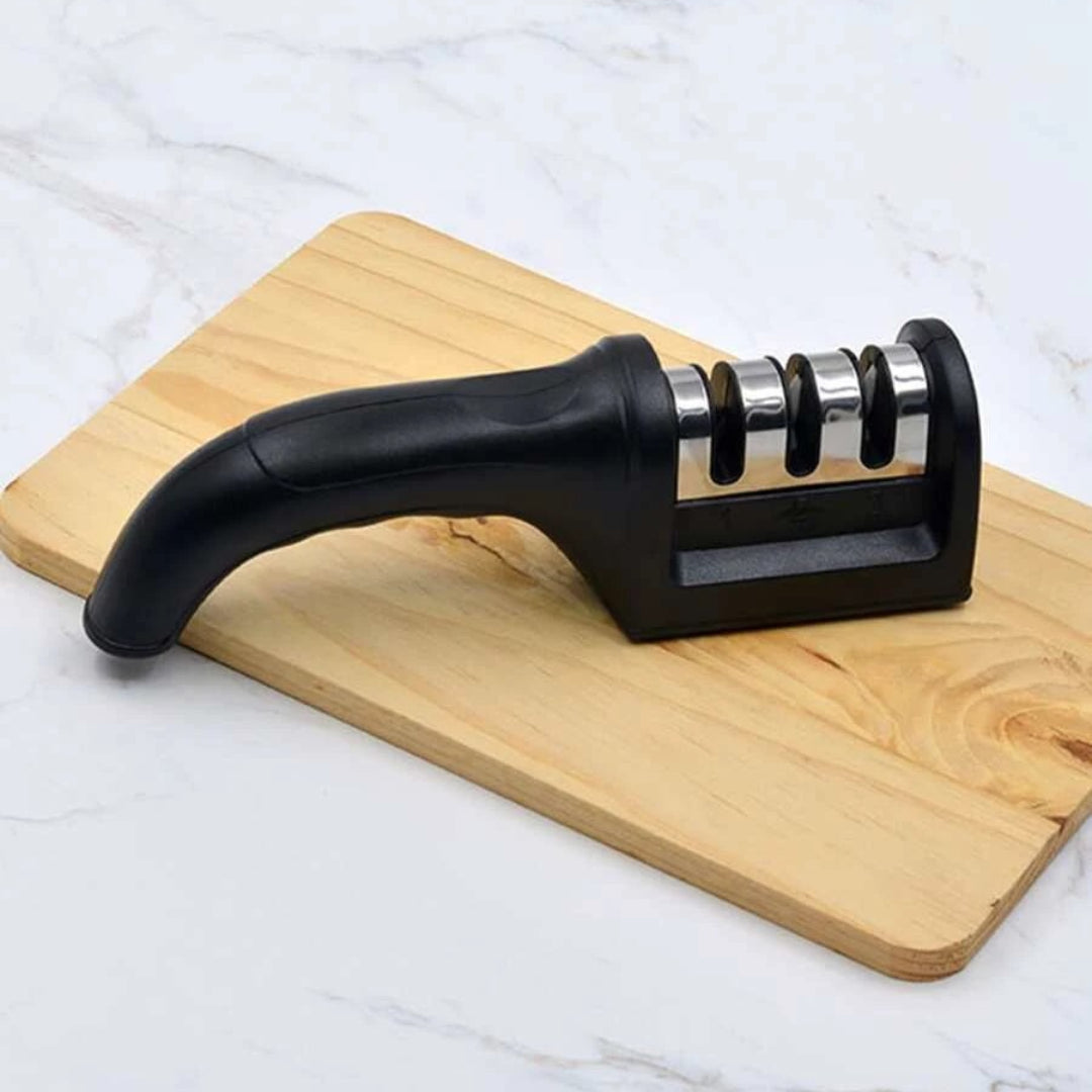 Knife Sharpener for Kitchen Knives, 4-in-1 Manual Blade Sharpener – Easy & Safe Tool for Restoring Sharp Edges at Home, Works on All Blades!