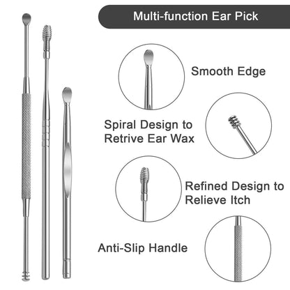 Ear Wax Remover Set 7Pcs Ear Cleaning Kit with Spiral Tool & Spoon | Safe & Reusable Ear Pick Curette for Deep Clean