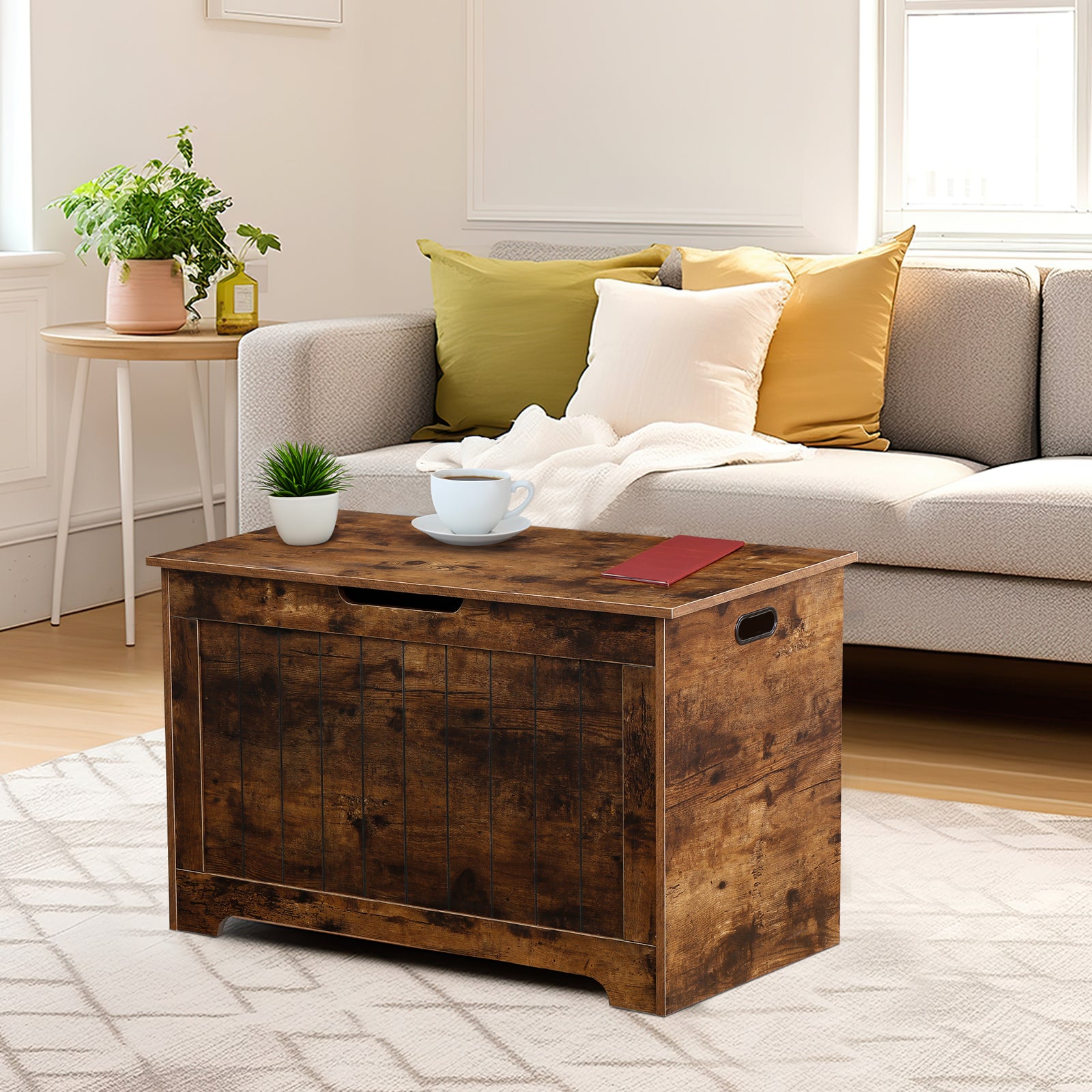 Lift Top Entryway Storage Chest 2 Safety Hinge Wooden Toy Box Bench, Brown