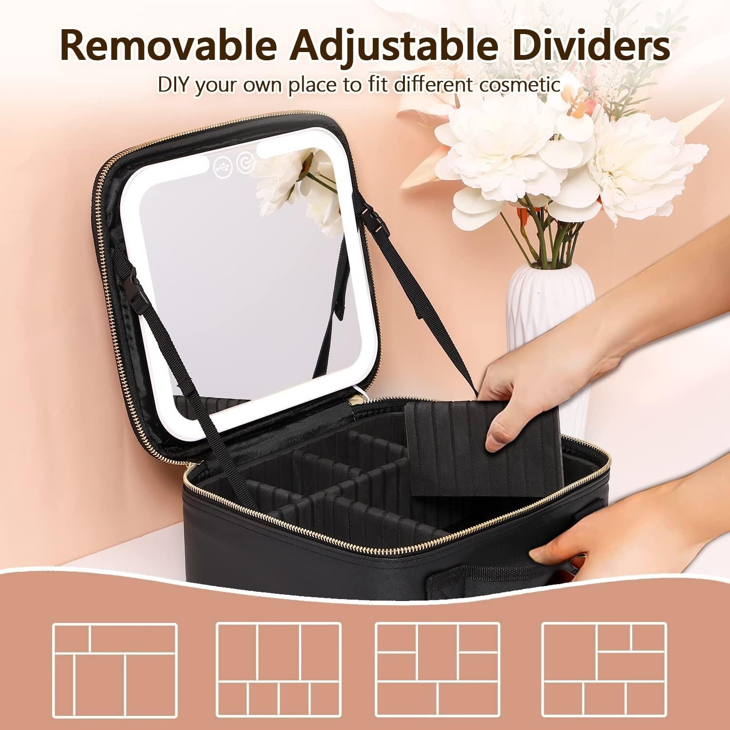 Travel Makeup Bag with LED Lighted Makeup Case with Mirror 3 Color Setting