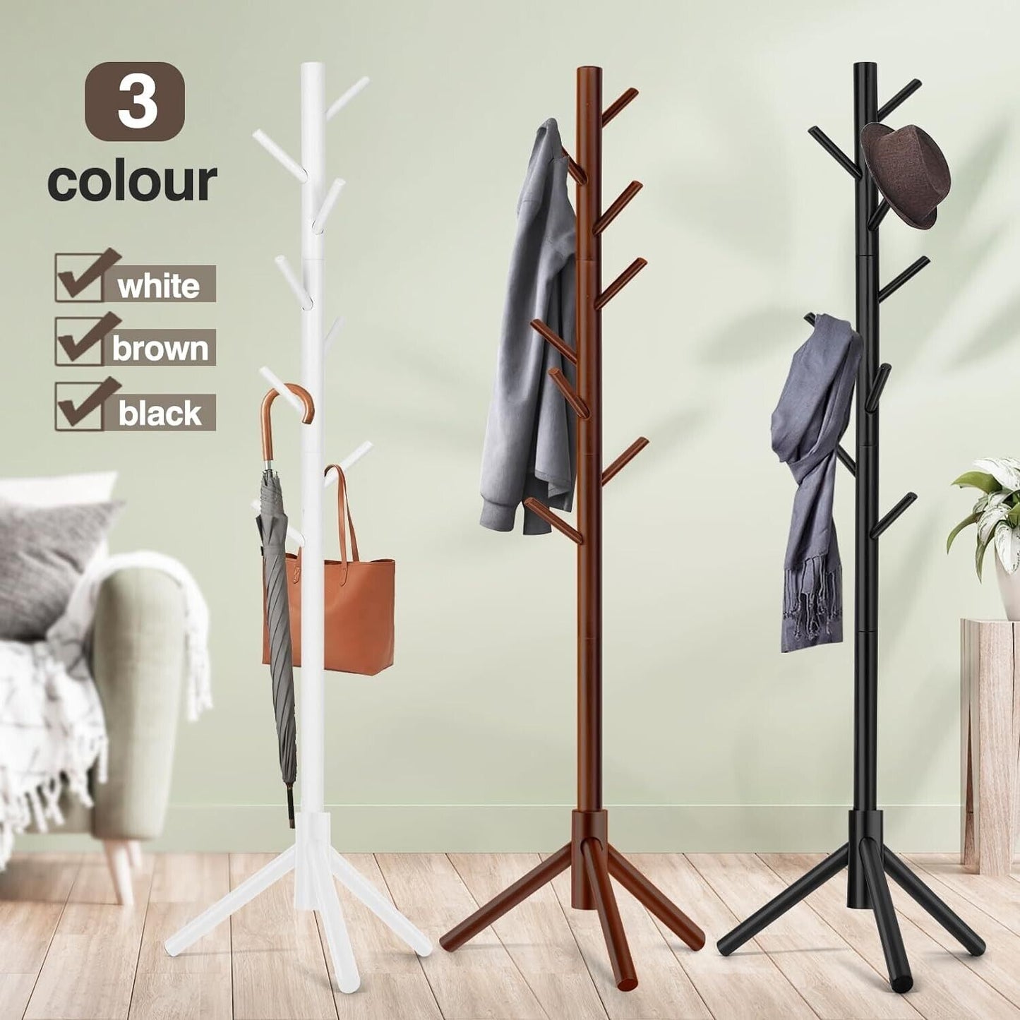 Modern Multifunctional Coat Hanger, Wooden Coat Rack Stand with Adjustable Height, 8 Hooks for Hats & Scarves - Space-Saving Entryway Organizer Sturdy