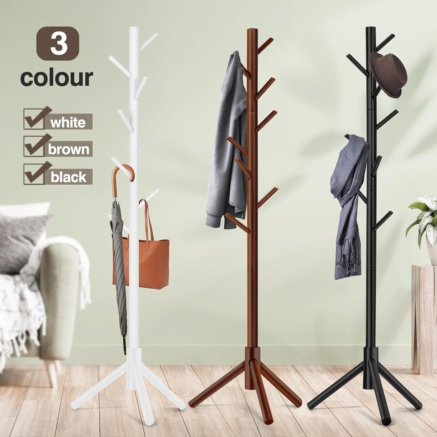 Modern Multifunctional Coat Hanger, Wooden Coat Rack Stand with Adjustable Height, 8 Hooks for Hats & Scarves - Space-Saving Entryway Organizer Sturdy