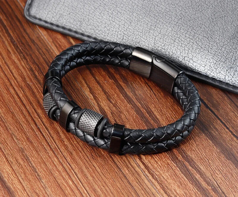 Stainless Steel Genuine Leather Men Strength Fashion Bangle Wrap Bracelet Gifts