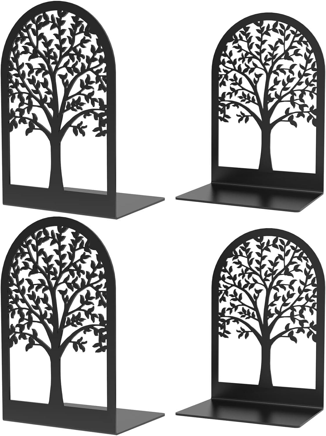 Modern Tree Bookends for Shelves, Decorative Metal Book Ends | Anti-Slip & Durable Steel Design for Home, Office, Library | 2 Sets of 4-Pack