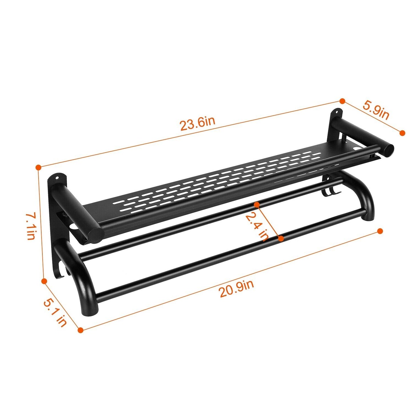 23.6'' 2-Tier Wall-Mounted Towel Rack - Matte Black Bathroom Organizer with Storage Shelf, Dual Bars, Hooks, Corrosion-Resistant & Easy Install