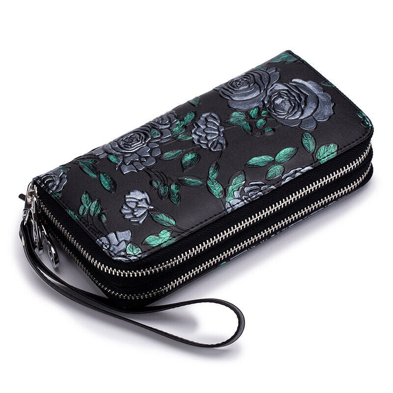 Womens Wallet Large Capacity Double Zip Card Phone Holder RFID Blocking Wristlet